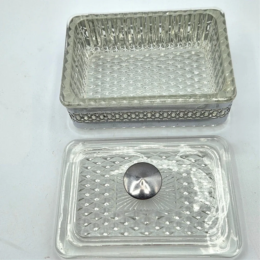 SQUARE Filigree Metal & Glass Trinket-Jewelry Box With Glass Lid Casket Vintage